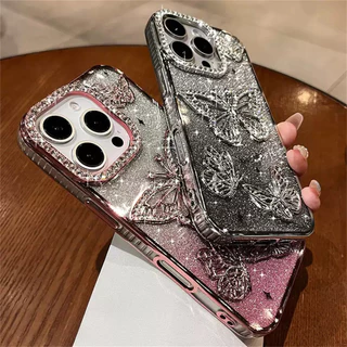 เคสโทรศัพท์ผีเสื้อแวววาวสําหรับ iPhone 16 Pro Max หรูหรา Bling เพชรปลอกชุบโปร่งใสสําหรับ iPhone 13 11 12 14 15 Pro Max Plus ปกอ่อน