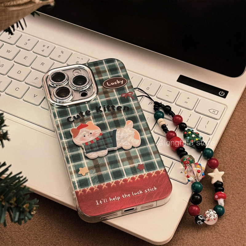 คริสต์มาสลายสก๊อตสัตว์3D การ์ตูน lanyard Case เคสโทรศัพท์น่ารักสำหรับ iPhone 15 14 13 16 PRO MAX 14pro 13pro 16pro 15pro 16PROMAX ฝาครอบป้องกัน Hard Glitter Simple CLEAR