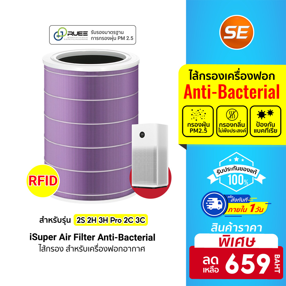 [ลดเหลือ 659] iSUPER ไส้กรอง RFID สีม่วง (Anti-Bacterial) สำหรับเครื่องฟอกอากาศ Xiaomi ต้านเชื้อแบคทีเรีย PM2.5