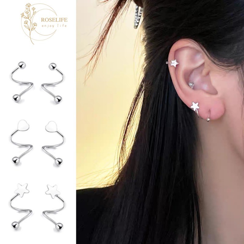 Roselife S925 เงิน Chic สไตล์ Ball Star Heart Twisted สกรูต่างหูผู้หญิงผู้ชาย Pirced เกลียวหู Studs ทุกวันเครื่องประดับอุปกรณ์เสริมของขวัญ