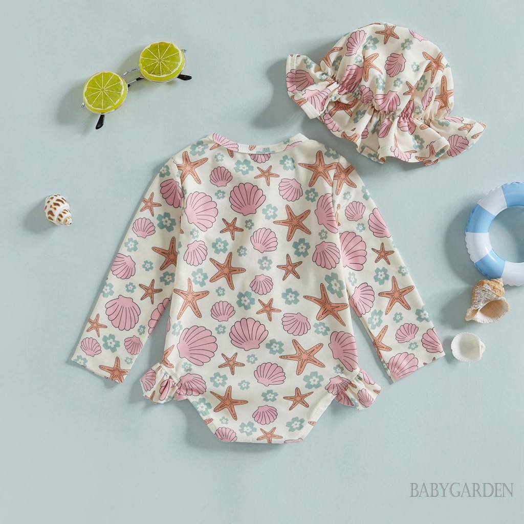 //-6เดือน-4ปี เด็กทารกผื่นยามชุดว่ายน้ํากับหมวกเปลือกปลาดาวลายซิปขึ้นแขนยาวลูกเรือคอชุดว่ายน้ํา