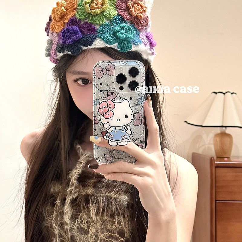 Huiwanju สายแวววาวน่ารัก kittyiphone16promax เคสโทรศัพท์มือถือ 15promaxiPhone13 ใหม่ 14pro ผู้หญิงสองชั้นพร้อมขายึด 15 เคสโทรศัพท์มือถือ