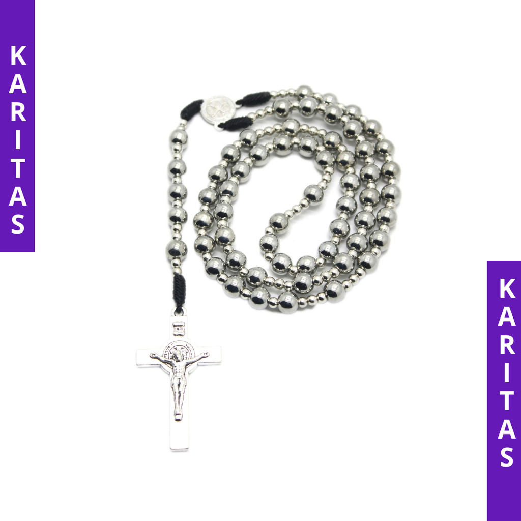 8MM SILVER BENEDICT ROSARY / CATHOLIC BENEDICT ROSARY NECKLACE / ORIGINAL CATHOLIC ROSARY CROSS / CO