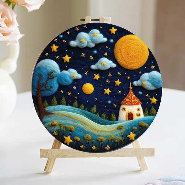 ปัก ผ้า diy เซต ชุดปักมือ เต็มไปด้วยดวงดาว ขนสัตว์รู้สึกปั๊มมีความสุขทําเองแพคเกจวัสดุโฮมเมดของขวัญตกแต่งเดสก์ท็อปบ้านที่เรียบง่ายบรรเทาความเบื่อหน่าย