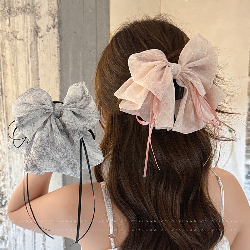 High-End Chiffon Bow Streamer กิ๊บติดผมหญิงกลับหัวครึ่งผูกผมคลิปฉลามขนาดกลาง Classy Headdress