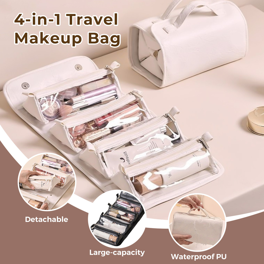 4 IN 1 Beauty กระเป๋าแต่งหน้าสําหรับผู้หญิงกระเป๋าเก็บเครื่องสําอางกระเป๋าเดินทางอุปกรณ์อาบน้ํากันน้ํา Multifunctional Make Up Organizer ชุด PU หนัง