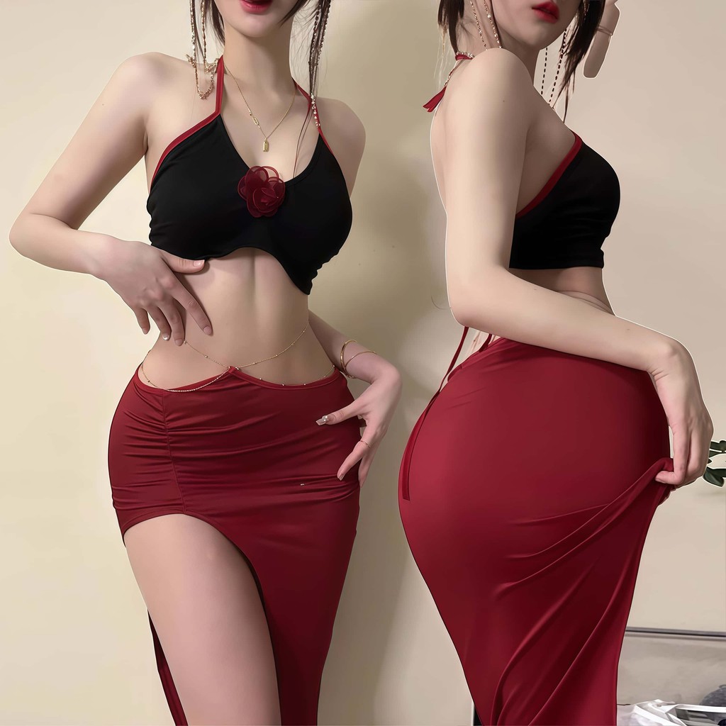 ❤️sexy pajamas❤️เดรสเซ็กซี่ เลขานุการ ชุดคอสเพลย์ ชุดยั่ว red แฟชั่น เซ็กซี่