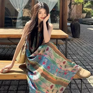 Dahong ใหม่ ชุดเดรสผู้หญิง แบบผูกเชือก พิมพ์ลายแนวชนเผ่า ชุดเดรสแม็กซี่ยาว แขนกุด พิมพ์ลายดอกไม้ 99069