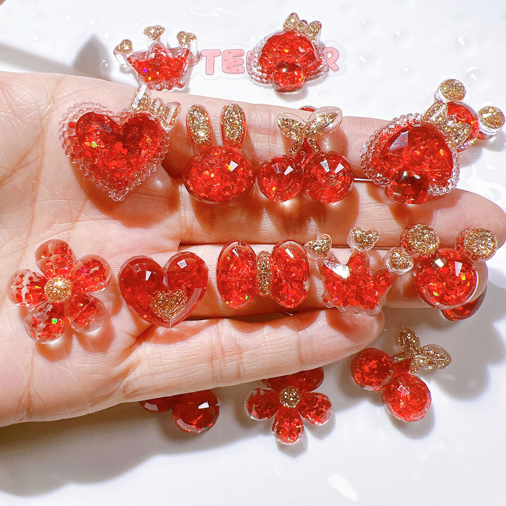 10 ชิ้น/เซ็ตการ์ตูนหมีสีแดงหัวใจเชอร์รี่ Flatback เรซิ่น Cabochon Scrapbooking สําหรับเคสโทรศัพท์ตกแต่ง DIY Handmade อุปกรณ์เสริมผม