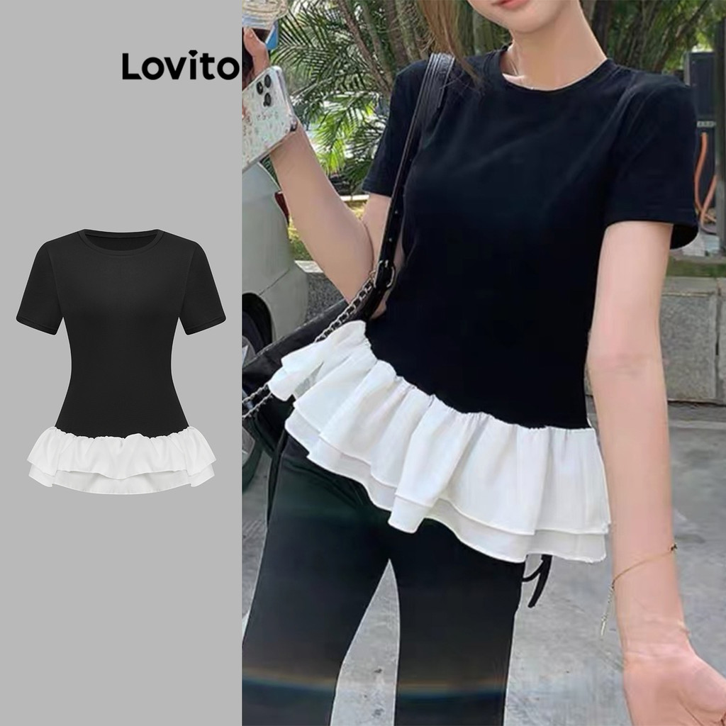 Lovito เสื้อยืดผ้าเย็บสีพื้นน่ารักสำหรับผู้หญิง L110AD042