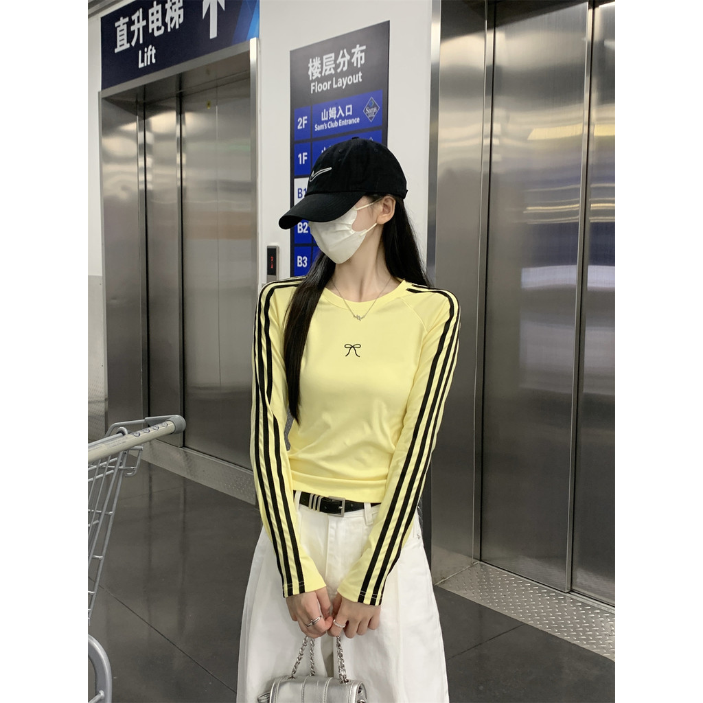 81608 ผ้าฝ้ายแท้คอกลม Raglan ไหล่ Slimmer ดูเสื้อยืดแขนยาว