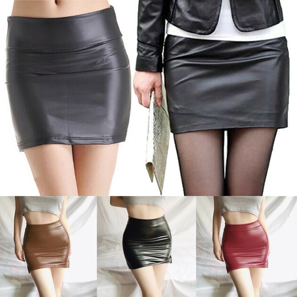 การลดราคาครั้งใหญ่ สตรีหนัง PU สีดําเอวสูงแน่นซิปยืดกระโปรงมินิกระโปรงใหม่ [BABYHOOD-TH]