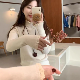 ครึ่งคอเต่าลูกไม้ขอบเสื้อกันหนาวผู้หญิงสไตล์ใหม่ด้านในบางพอดี ผอมลง ดู