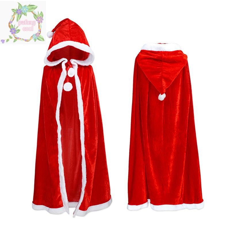 Pucool เต็มความยาว Hooded กํามะหยี่เสื้อคลุมคริสต์มาส Santa Claus Plush Trim Tie Up Red Cape วันหยุดคอสเพลย์เครื่องแต่งกาย TH