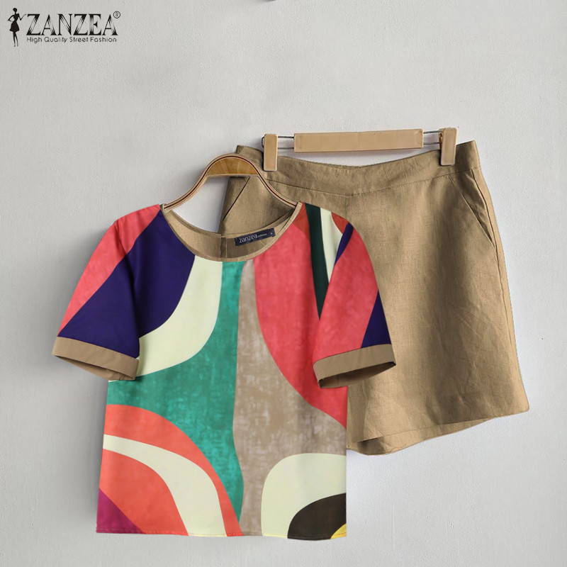 Zanzea ผู้หญิงเกาหลีหรูหราเรียบง่ายคอลูกเรือแขนสั้นเอวยางยืดเสื้อและกางเกงขาสั้น — صورة 4
