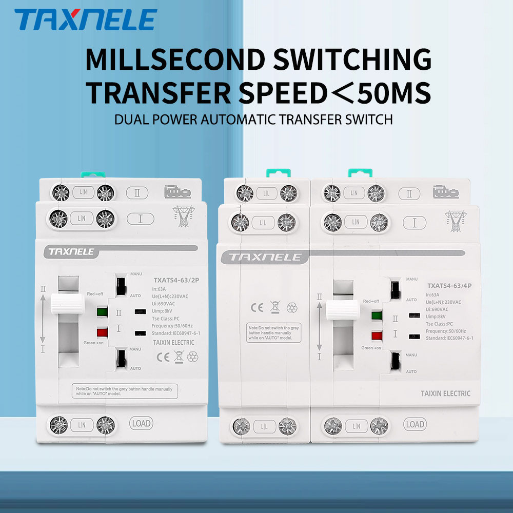 Taxnele Din Rail 63A ATS Dual Power สวิตช์โอนอัตโนมัติสวิตช์เลือกไฟฟ้า 2P 4P