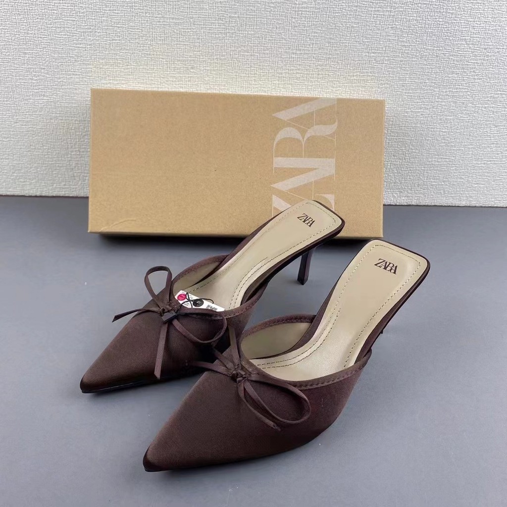 100% ZARA-รองเท้าส้นสูงผู้หญิง Bowknot Pointed Stiletto Heels รองเท้าแตะแฟชั่น