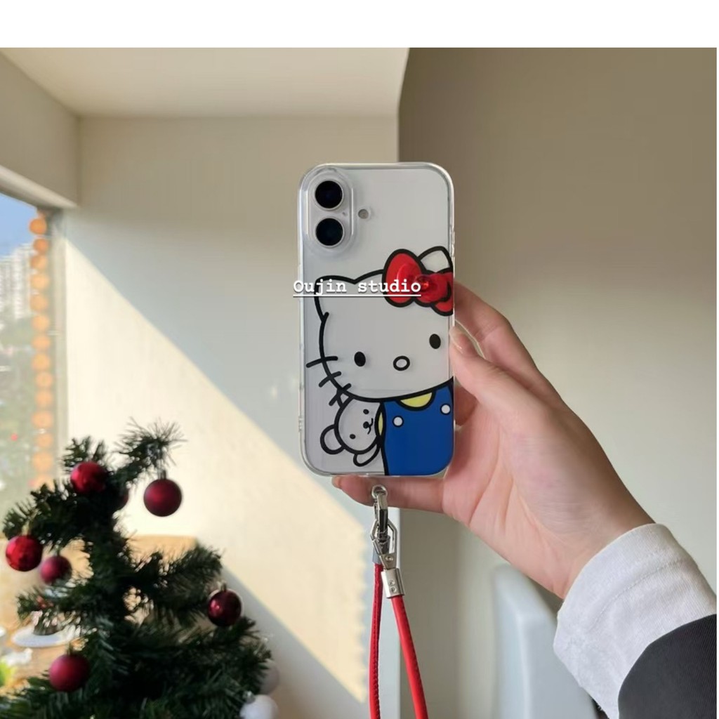 สไตล์เกาหลี ins Niche Design การ์ตูนน่ารักแมว Overalls 16promax/15 เคสป้องกัน Soft Case 13/14pro กันกระแทกพร้อมเคสโทรศัพท์เชือกเส้นเล็ก