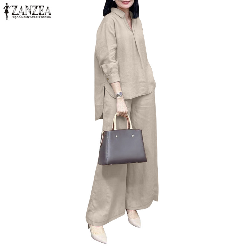 Zanzea ผู้หญิงเกาหลีแขนโคมไฟจีบเอวยางยืดชุดสองชิ้นขากว้าง