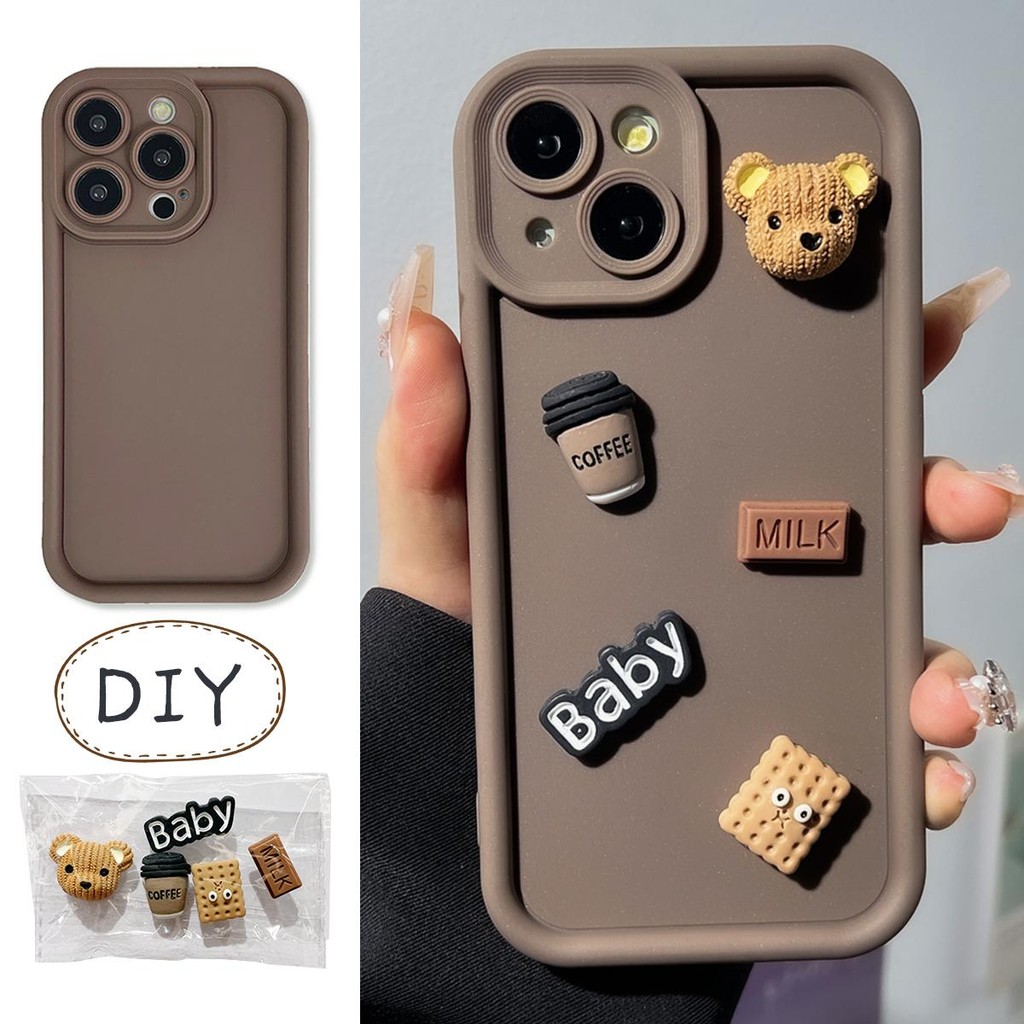 3D DlY case for เคสไอโฟน11 13 12 14 15 16 PRO MAX XR XS MAX 7 8 14 15 PIUs เคสโทรศัพท์ซิลิโคนหมีสีทึบเรียบง่าย