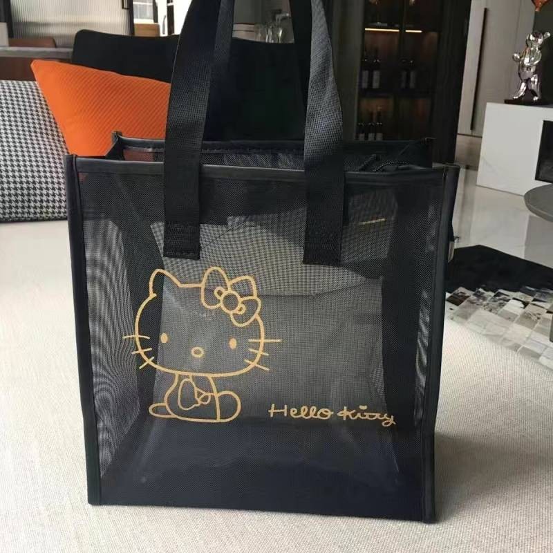 New Simple Fashion Mesh Handbag Kitten KT Portable Cosmetic Bag Girls Makeup Wash Bag Work Hand Carrying Snack Bag zLDY