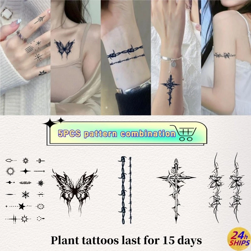 5ชิ้นรูปแบบสร้างสรรค์สักน่ารักสาวข้อมือพืชสติกเกอร์รอยสักกันน้ํายาวนาน15วันสติกเกอร์ผิวชั่วคราวสักปลอม