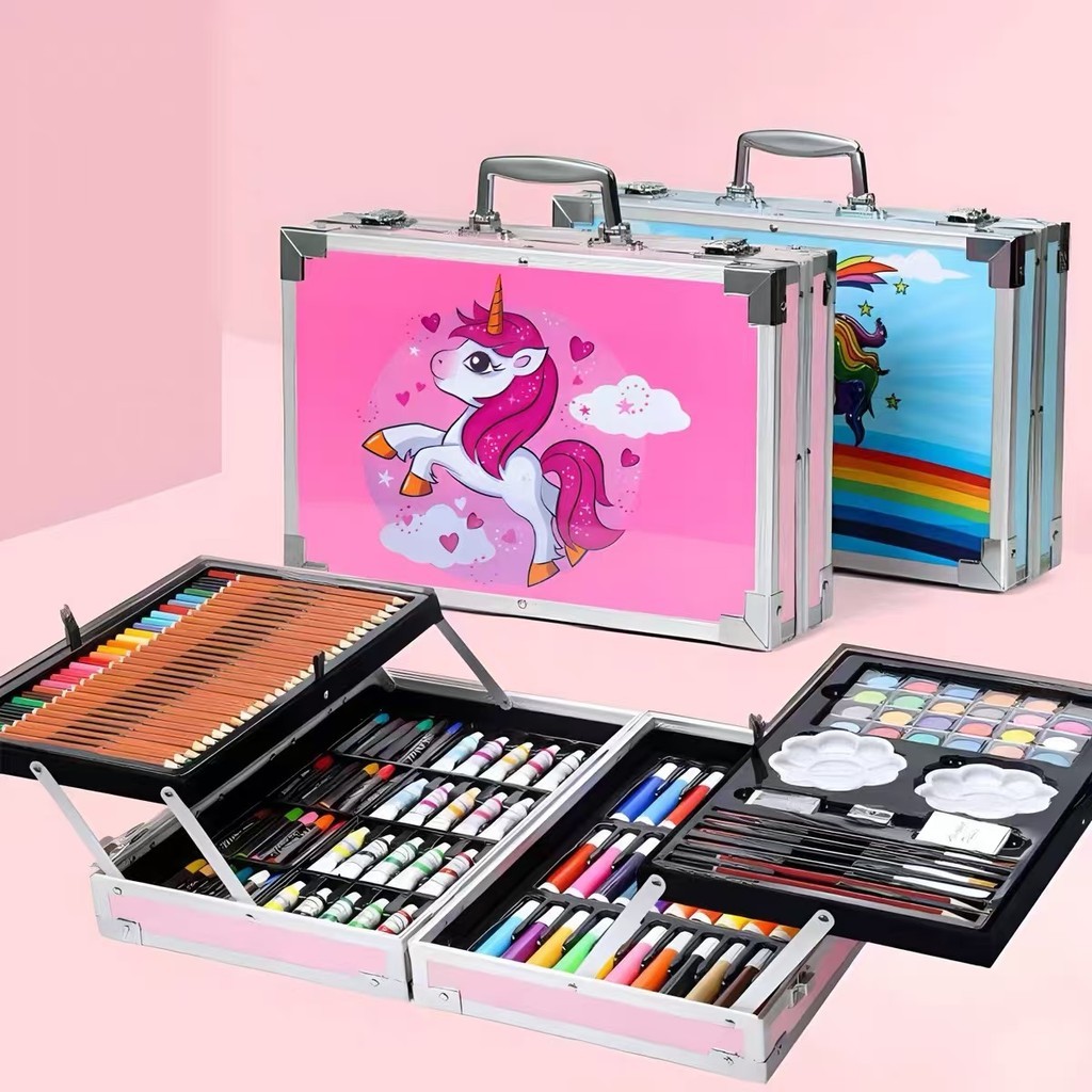 ชุดระบายสี 2 ชั้น 145 ชิ้น กล่องอลูมิเนียม  สีน้ำเด็กปากกาสีดินสอสี ศิลปะสำหรับเด็ก