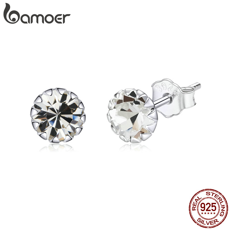 Bamoer 925 เงินสเตอร์ลิง Sliver ต่างหู Birthstone ต่างหู-April-คริสตัลสีขาวออกแบบของขวัญสําหรับผู้หญิง SCE862-4