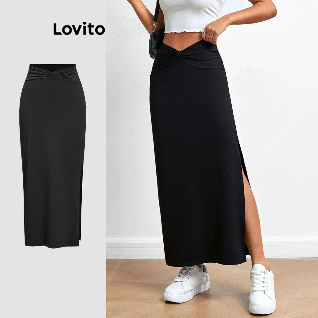 Lovito กระโปรงจีบเรียบๆ ลำลองสำหรับผู้หญิง LBL18530