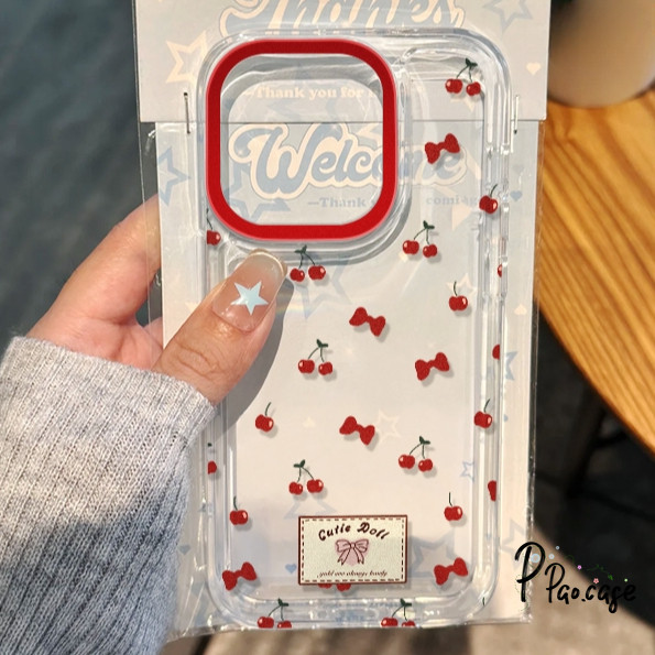แฟชั่นเชอร์รี่เข้ากันได้เคสไอโฟน 11 13 15 Pro Max 14 12 Pro Max X XS XR Max 7 14 15 8 Plus SE 2020 โบว์สีแดง TPU นุ่มเคส