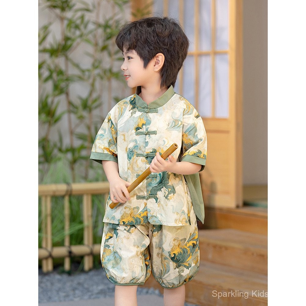 เสื้อผ้าเด็กสไตล์จีนชุด Hanfu สำหรับเด็ก CNY ชุด Hanfu สำหรับเด็กชุดฤดูร้อนสำหรับเด็กผู้ชายชุดโบราณแขนสั้นชุดสองชิ้นสไตล์จีนชุด Tang ชุดการแสดงสำหรับเด็กอนุบาล