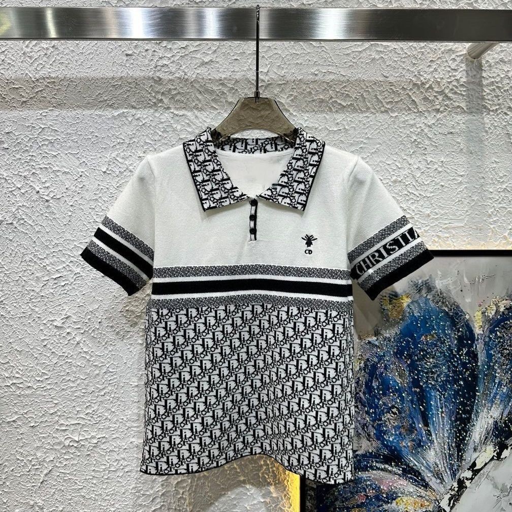 Dior9637 สไตล์ใหม่ Jacquard Stripes POLO เสื้อถักคอปกแขนสั้นผู้หญิง