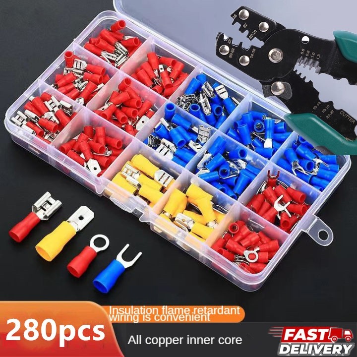 หางปลา 280 ชิ้น หางปลาแบน หางปลาแฉก หางปลากลม หุ้มฉนวน PVC 280 ชิ้น พร้อมกล่องและป้ายบอกขนาด