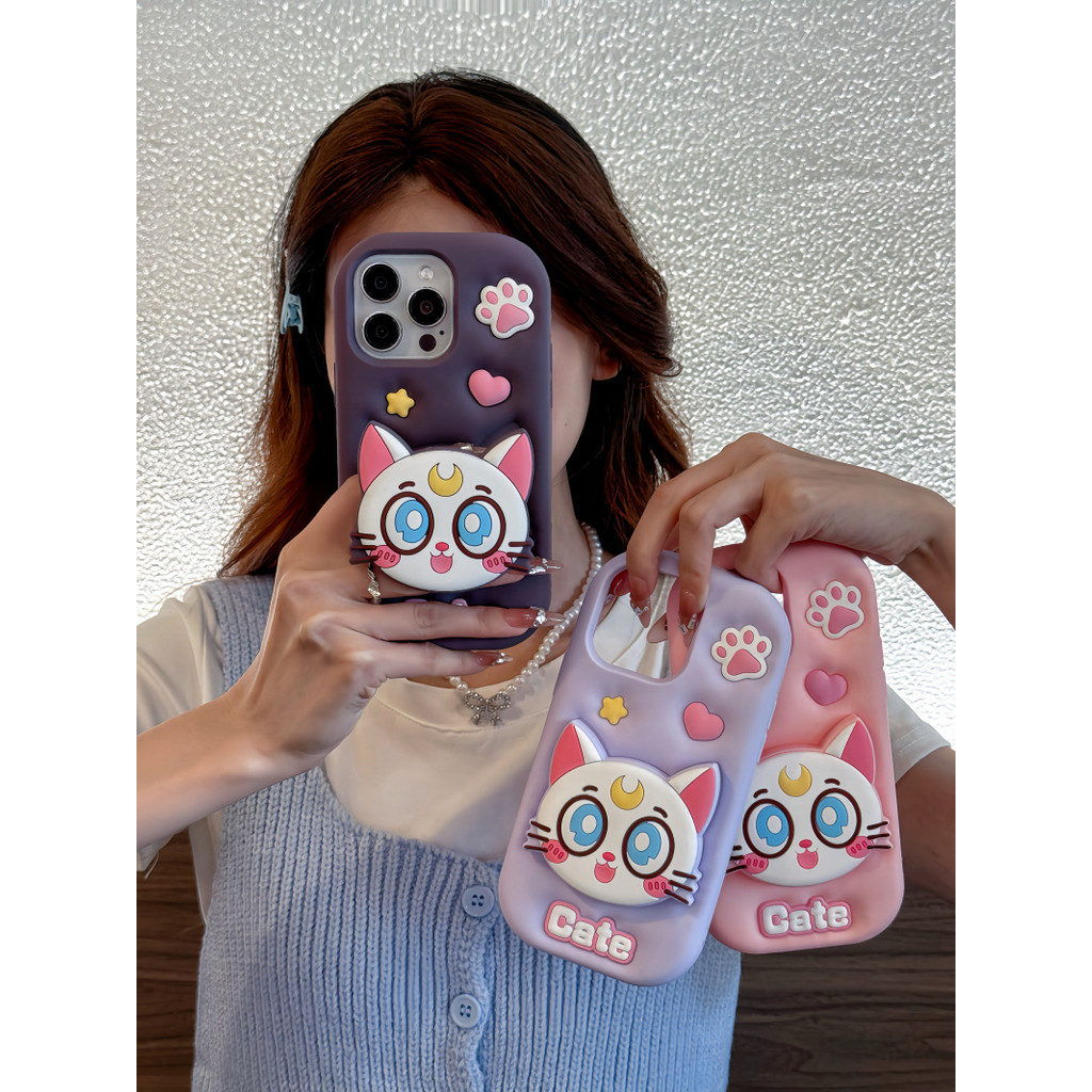 3d telescopic ขาตั้งการ์ตูน Luna cat เคสโทรศัพท์ซิลิโคนสําหรับ iPhone 13 14 15 16 Pro Max ปลอกการ์ตูนสัตว์ซิลิโคนอ่อนนุ่มฝาครอบป้องกันสําหรับ iPhone16 กรณี