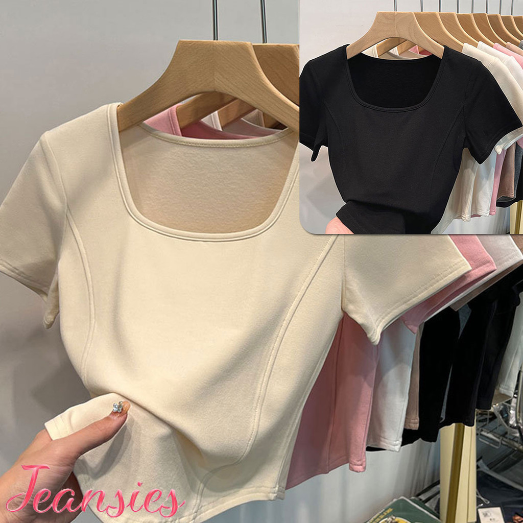 เสื้อครอปแขนสั้นผู้หญิง ผ้าฝ้าย คอเหลี่ยม ทรงสวยเก๋ สไตล์แฟ