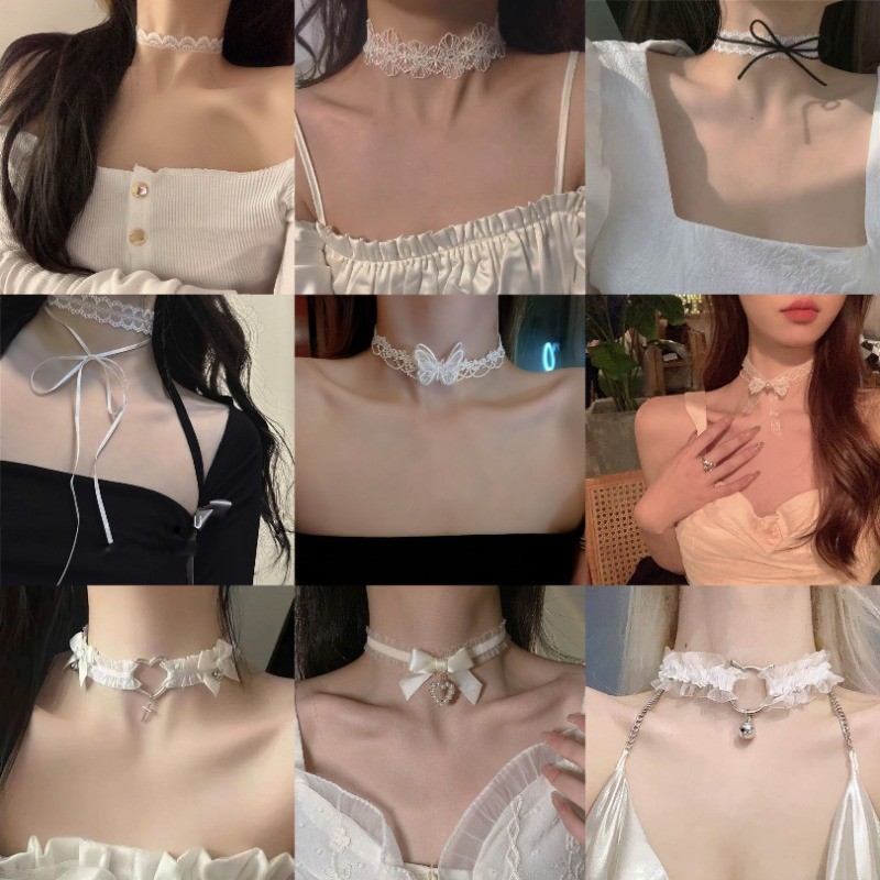 สร้อยคอโชคเกอร์ลูกไม้สีขาวอินเทรนด์สําหรับผู้หญิงกุทัณฑ์สร้อยคอผีเสื้อเครื่องประดับของขวัญอุปกรณ์เสริม