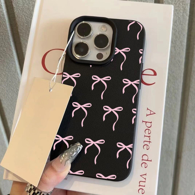 ฝาครอบโทรศัพท์นุ่มได For iPhone11 13 15 เคส ไอโฟน12 14 ProMax 7 8Plus X XR XS ผูกโบว์สีชมพู