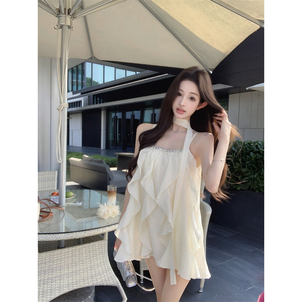 Classy Ruffled Sling Dress ผู้หญิงแฟชั่นฤดูร้อนหลวม a-Line Dress