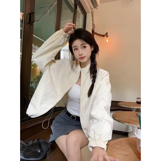Beryl เสื้อแจ็คเก็ตลําลองเสื้อกันลมแจ็คเก็ต เชือกรูด มีซิปกันน้ําสําหรับผู้หญิง เสื้อคลุมสั้น เรียบง่ายทันสมัยสไตล์เกาห