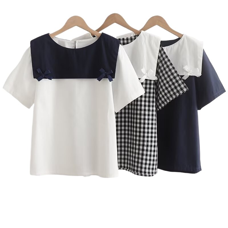 ที่มีคุณภาพสูงผู้หญิงผ้าฝ้ายเสื้อเสื้อ เจเค สไตล์ใหม่กองทัพเรือปกโบว์หลวมผู้หญิงแขนสั้นเสื้อฤดูร้อนเสื้อสาว