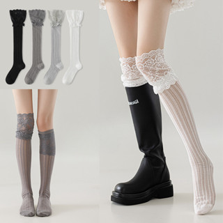 ลูกไม้สีขาวเหนือเข่าถุงเท้าสําหรับผู้หญิงญี่ปุ่น อิน สไตล์โล…