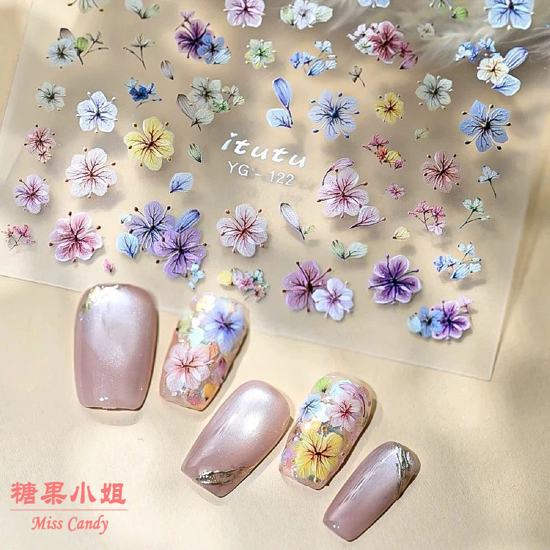 สไตล์ใหม่จําลองฤดูใบไม้ผลิดอกไม้แห้งสติกเกอร์แต่งเล็บ ผู้มีอิทธิพล ดอกไม้ผ้า ดอกที่มีสีสันสติกเกอร์แต่งเล็บขนาดเล็ก