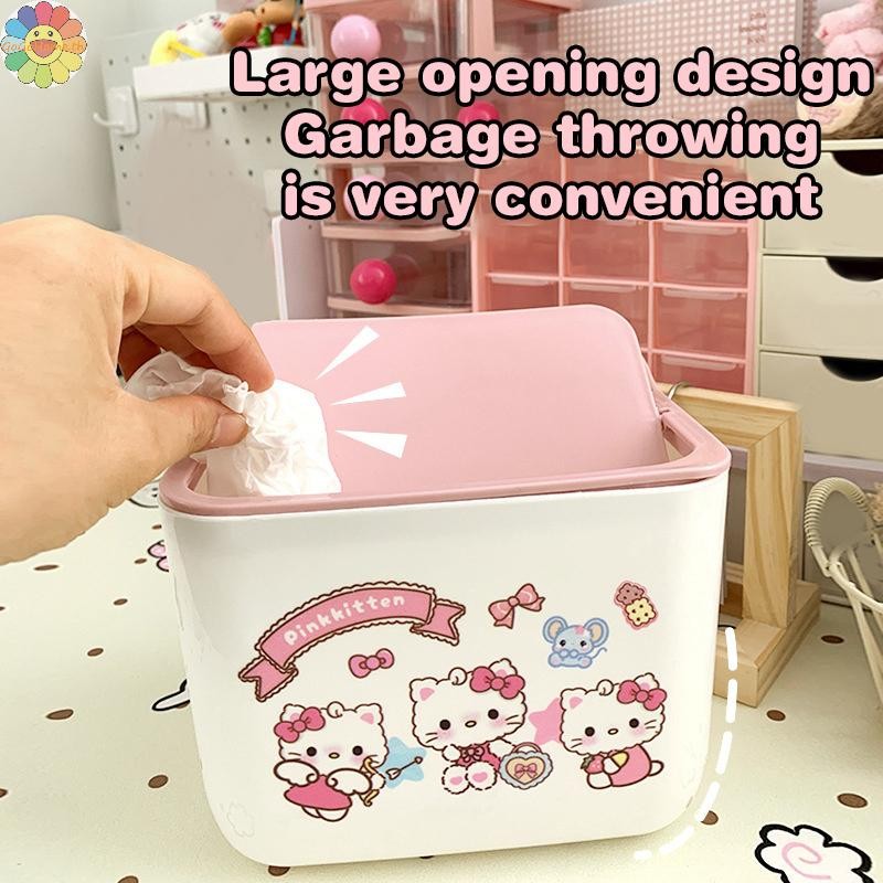 GOGO Sanrio Hello Kitty ถังขยะตั้งโต๊ะ Kuromi Cinnamoroll ฝาครอบเปิดสํานักงานหอพัก Sundries Storage Bucket กล่องเก็บของ TH