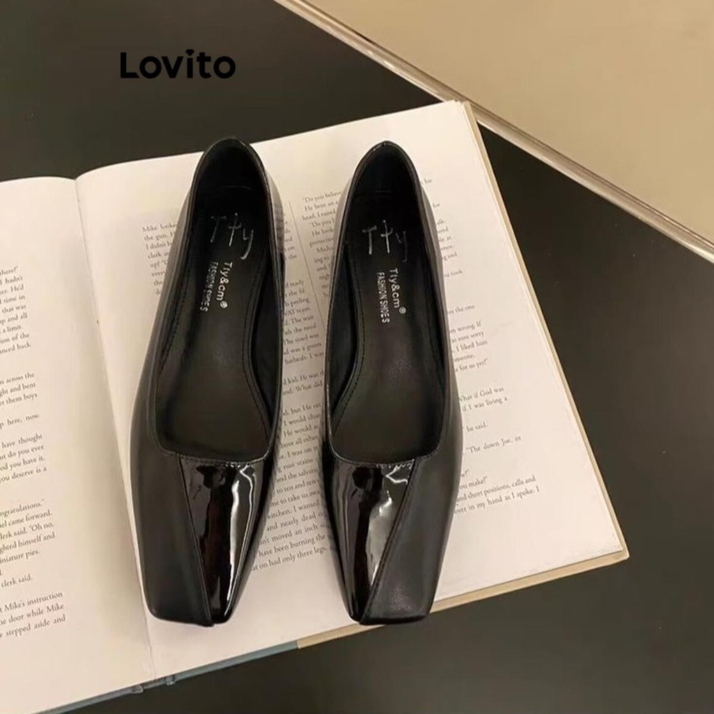 Lovito รองเท้าส้นเตี้ยแบบบัลเลต์ส้นเตี้ยสไตล์ฝรั่งเศสสำหรับใส่ไปทำงานสำหรับผู้หญิง หนังสิทธิบัตรแบบเรียบหรูสไตล์วินเทจ LFA70251