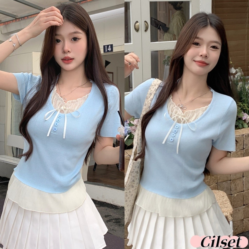 Cilset🛒พร้อมส่ง🎀 คอกลม สีอ่อน ดีไซน์ 2 ชั้น เสื้อยืดผู้หญิง ใส่สบาย สไตล์ลำลอง สไตล์เกาหลี/E332