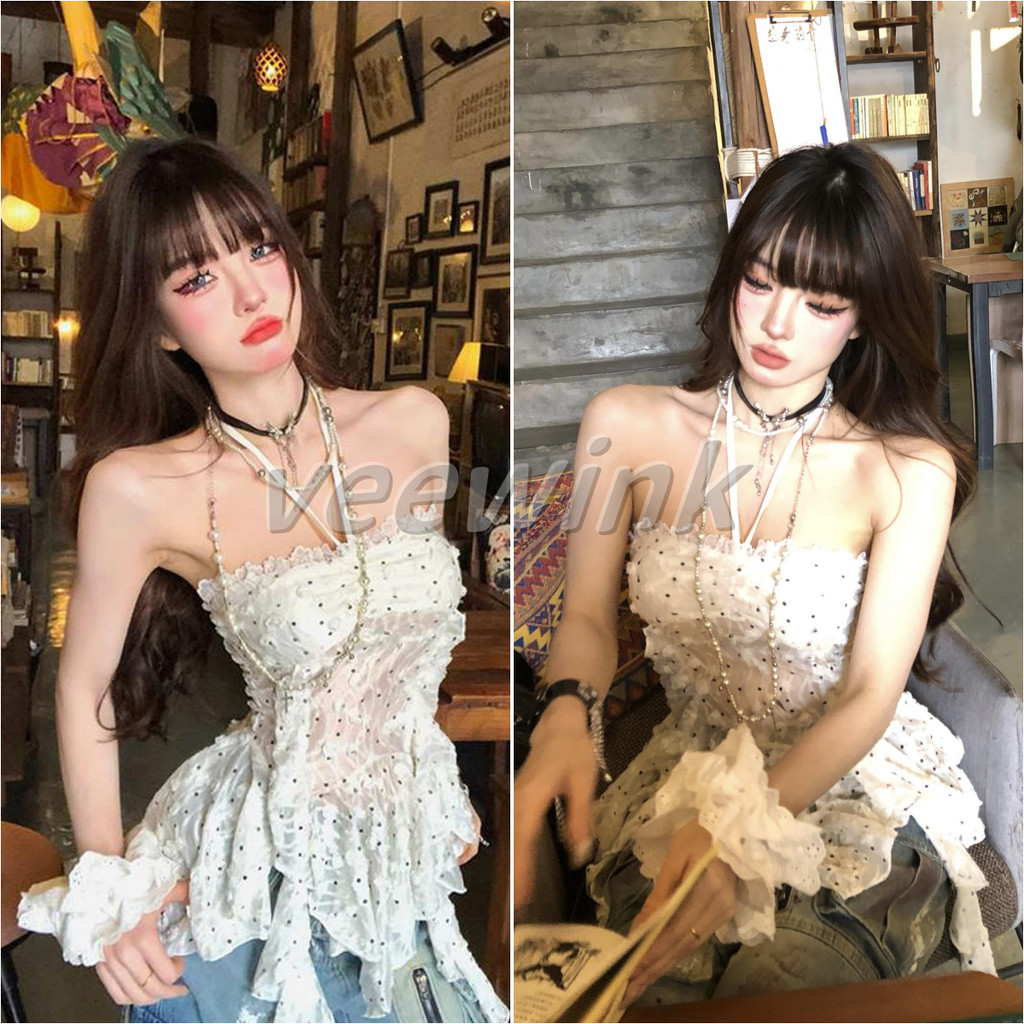 Veewink พร้อมส่งจากกทม Y2k เสื้อสายเดี่ยวคล้องคอลายลูกไม้ แต่งระบายริ้ว เข้ากับทุกการแต่งกาย สําห