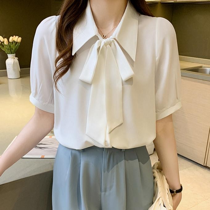 S-2XL เสื้อเชิ้ตชีฟองผู้หญิง เสื้อคอกลมแขนสั้นผู้หญิงใส่ไปทำงาน เสื้อโบว์ผู้หญิงใส่ทำงาน