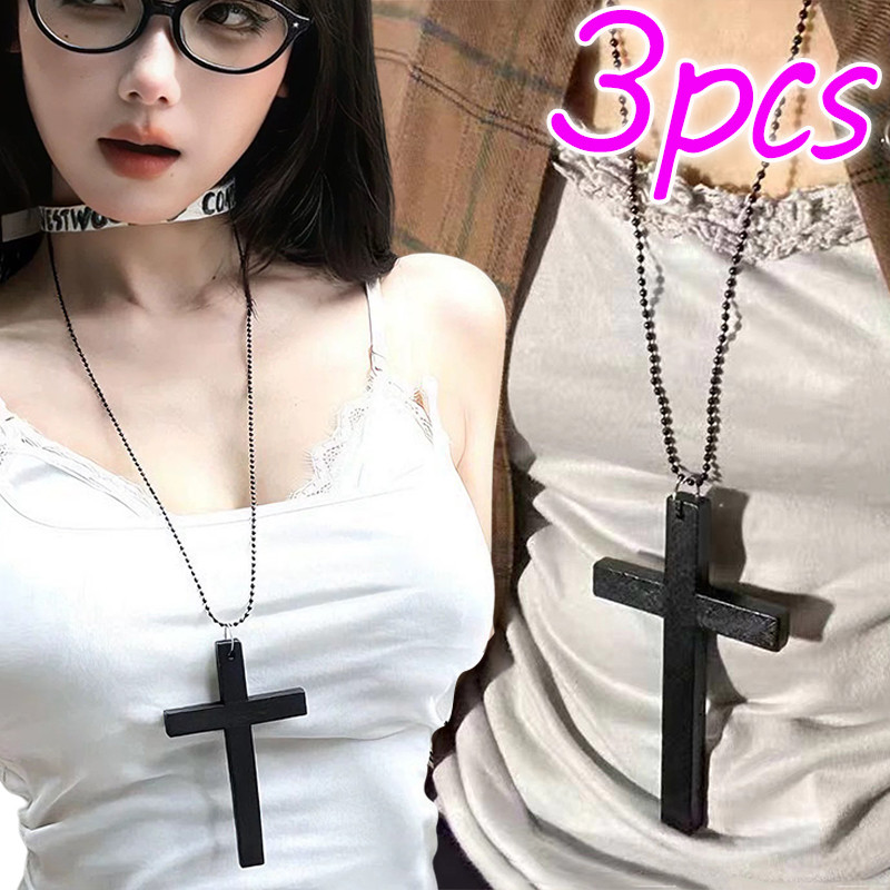 Cool Girl Minimalist Woodon Cross Necklace - Gothic Vintage Cross Pendant Long Chain Punk Jewelry Gift