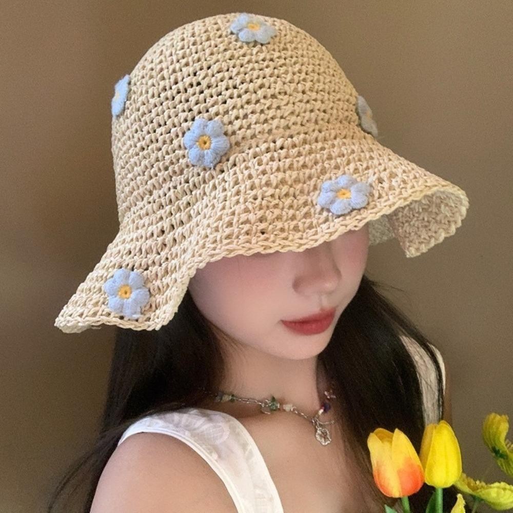 👒THETEAI หมวกฟาง, ดอกไม้เล็กๆแบบพับได้หมวกปานามา, กันแดดระบายอากาศหวานป้องกันรังสียูวีหมวกชาวประมงชายหาด - รูปที่ 7
