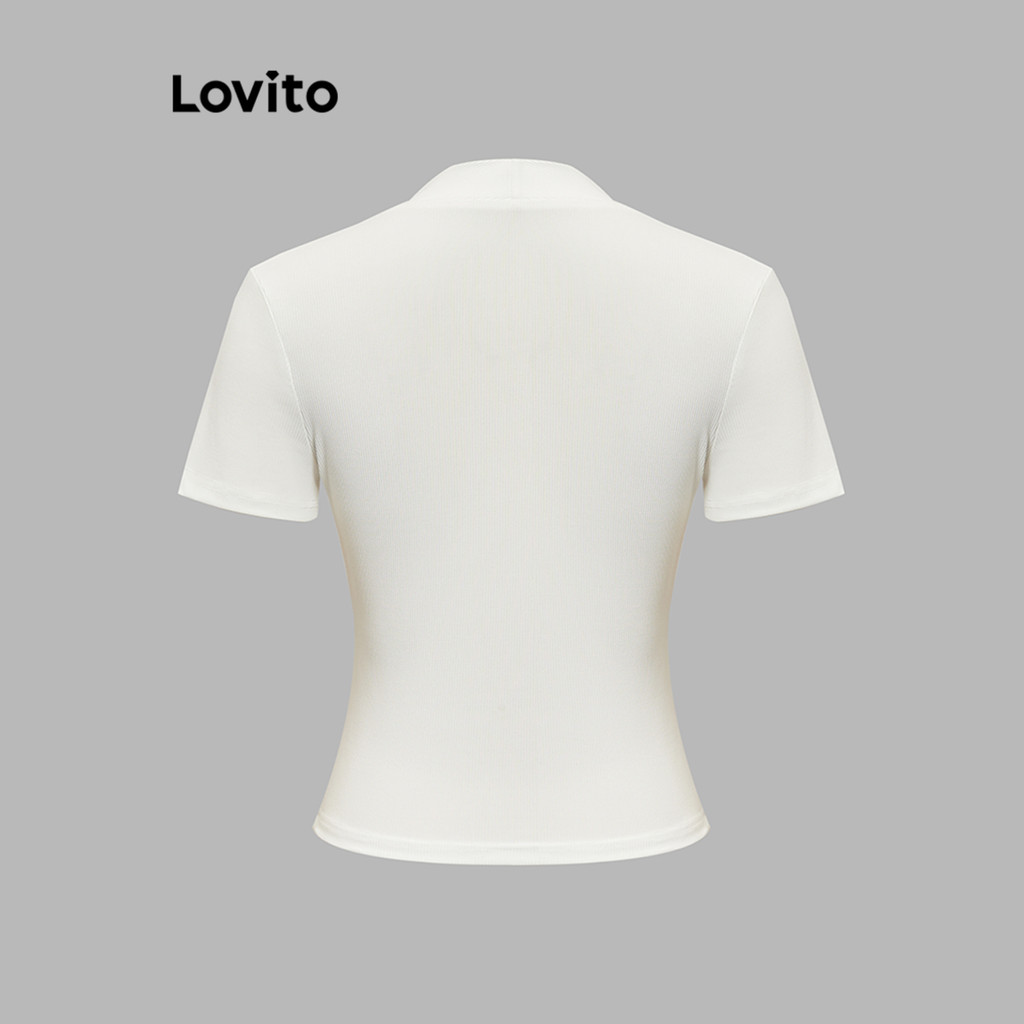 Lovito เสื้อยืดลําลอง เสื้อยืดแขนสั้นคอวีสีพื้นสําหรับผู้หญิง LNA10125 (หลากสี) - รูปที่ 4